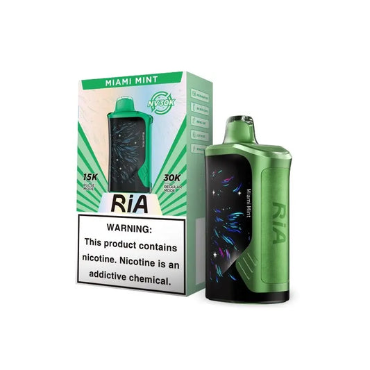 Geek Bar RIA NV30K Miami Mint, Geek Bar RIA NV30K disposable vape – leather-wrapped with 3D curved Aurora display, Front and back views of Geek Bar RIA NV30K showing USB‑C charging port and airflow slider, geek bar ria miami mint, ria miami mint vape, geek bar ria for sale
